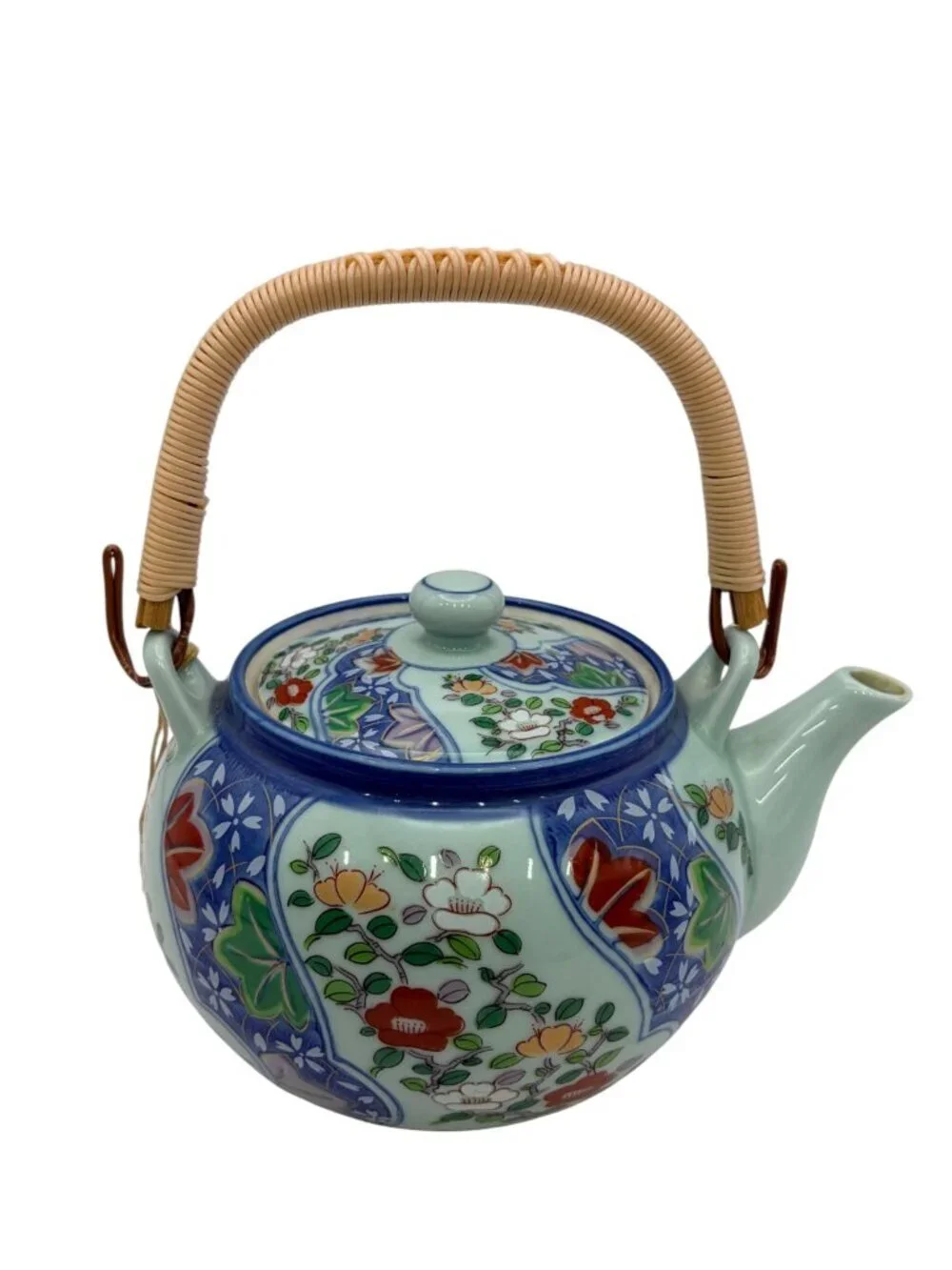 Arita Japan Kyusu Teapot Hand Painted Floral Porcelain Rattan Handle 6.25”